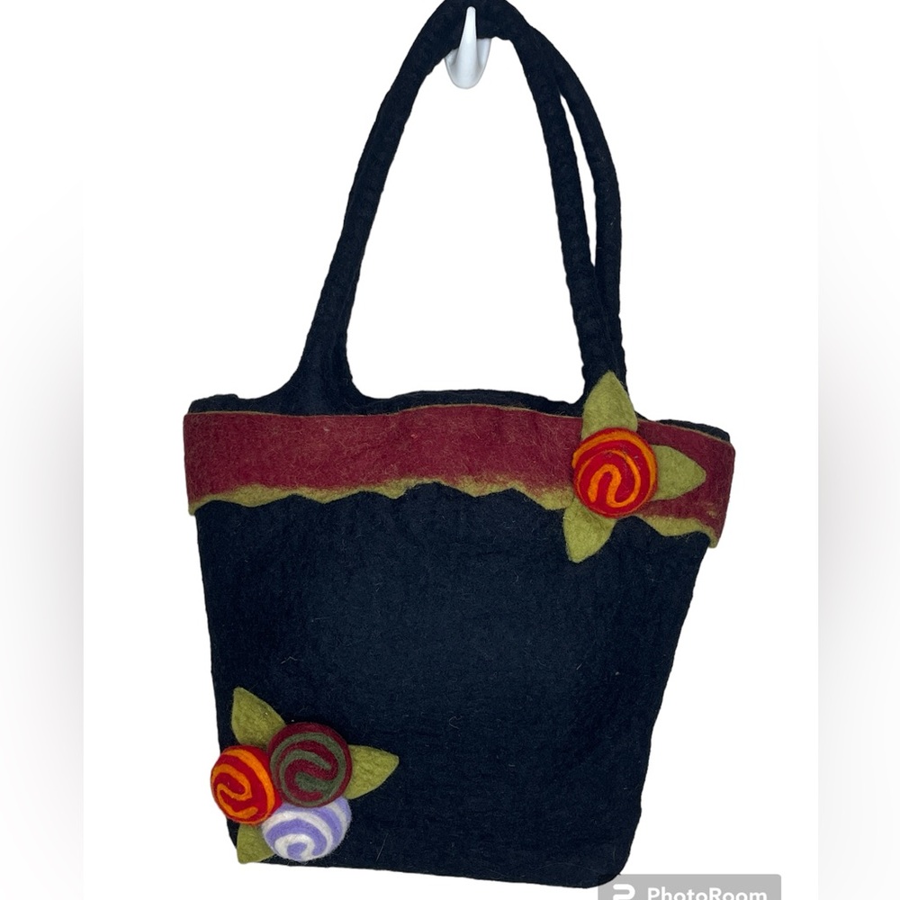 Rising Tide Black Wool Floral Shoulder Bag